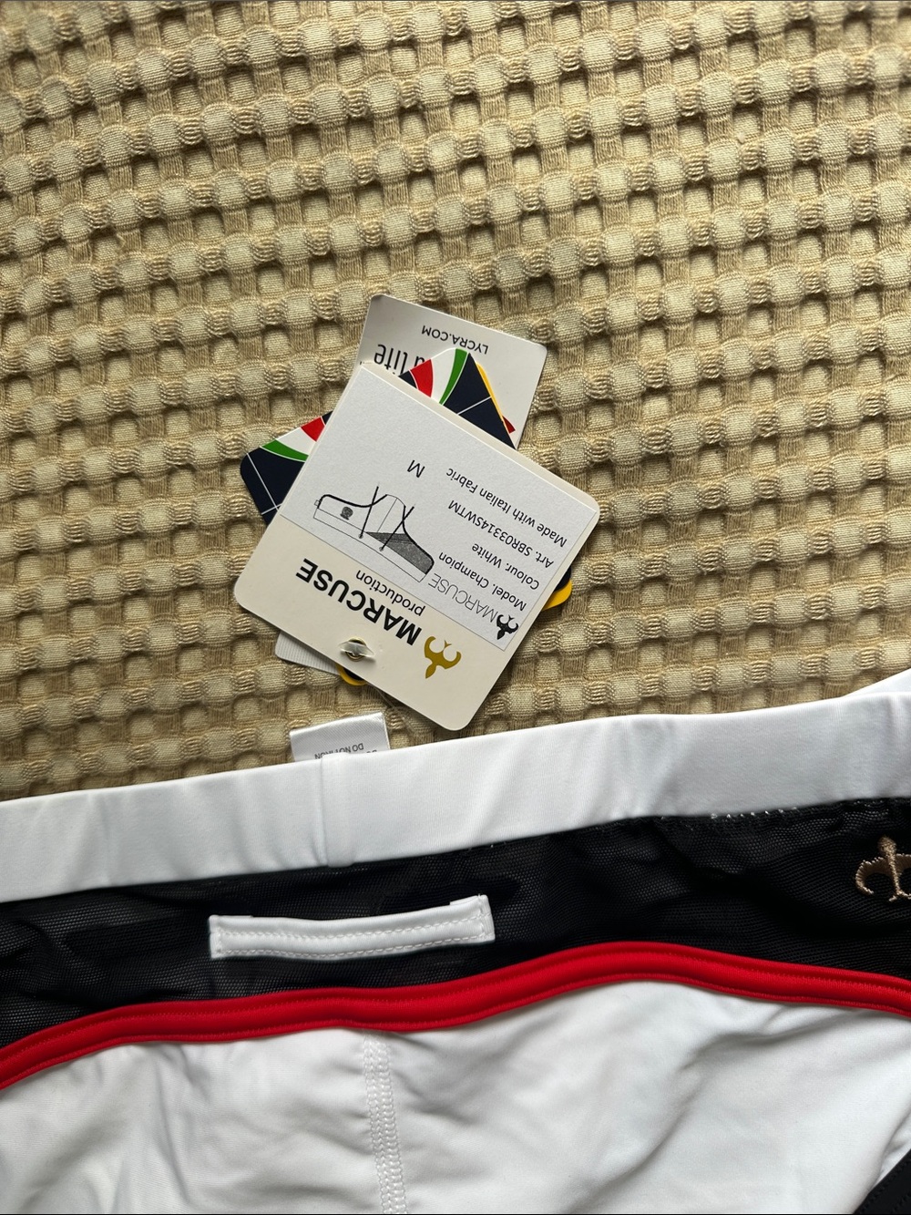 Men's White Swim Briefs with Red & Black Trim - Picture 2 of 4